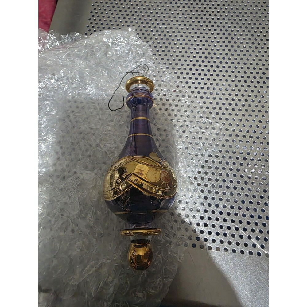 Komozja Poland Hand Blown Glass Ornament Blue Gold 5.5" Vintage